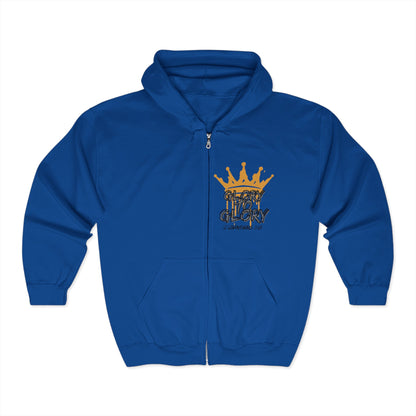 Royal Blue Christian zip up hoodie with gold crown and Glory to Glory text design by Logos