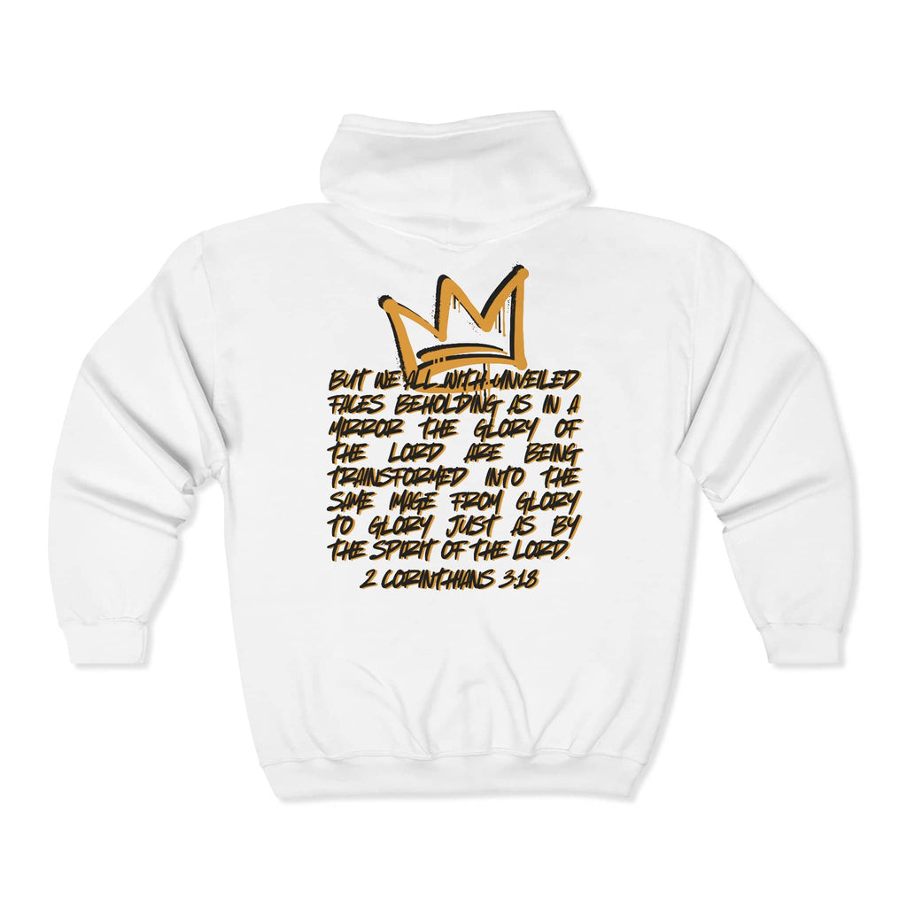 Christian zip up hoodie with scripture 2 Corinthians 3:18 in white with golden crown design, back view