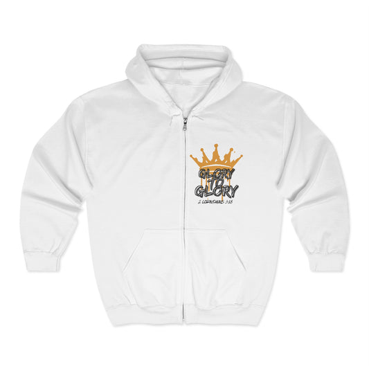 White Christian zip up hoodie with gold crown and Glory to Glory text design on front