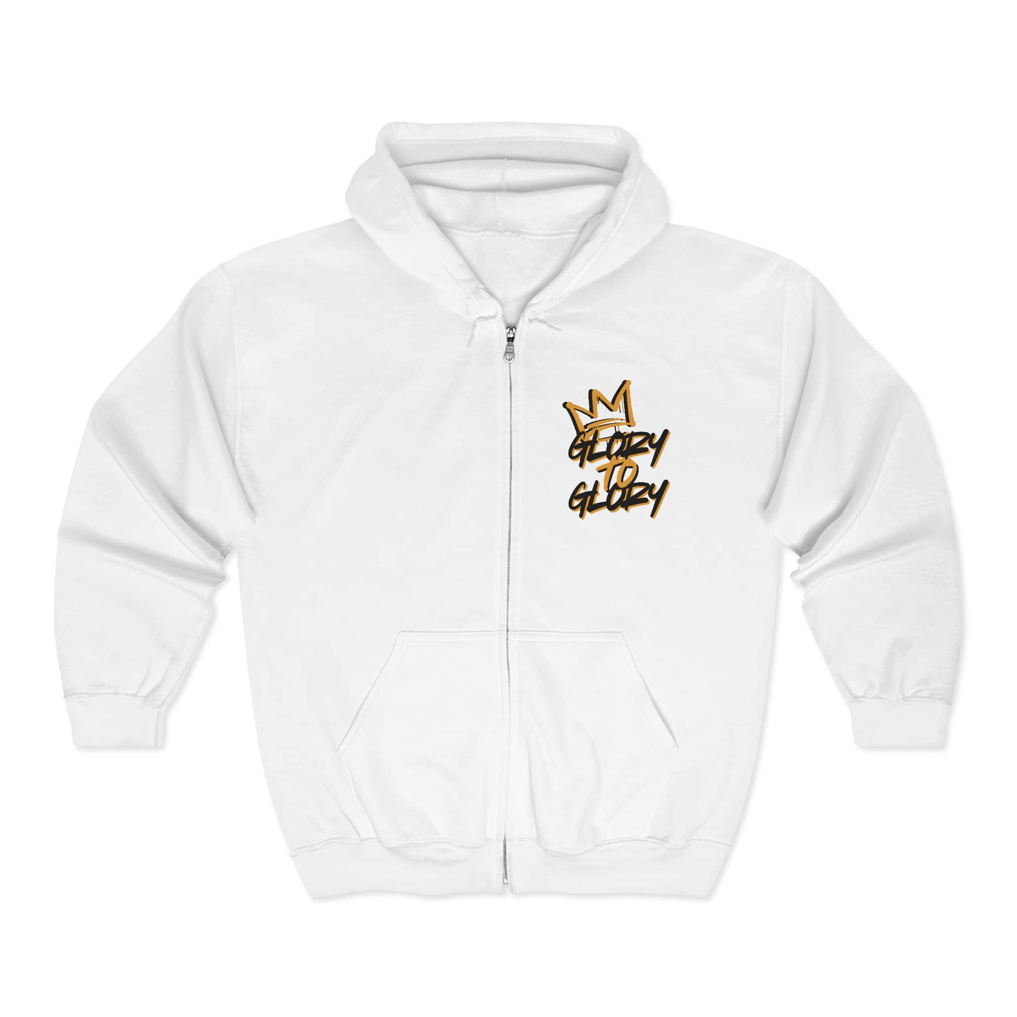 Christian zip up hoodie in white featuring 'Glory Glory' phrase with a crown design on the front