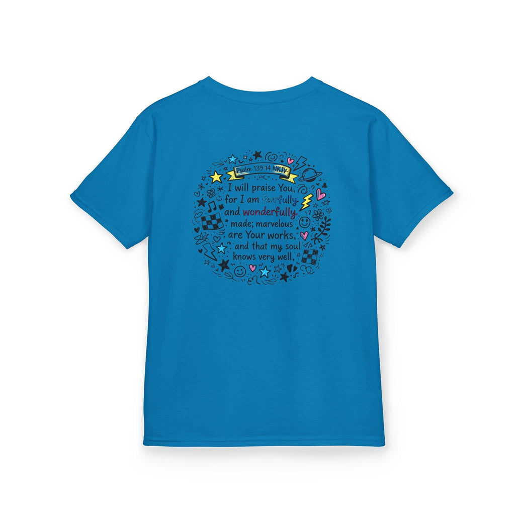Kids blue Cross doodle christian tee shirt with inspirational scripture on the back