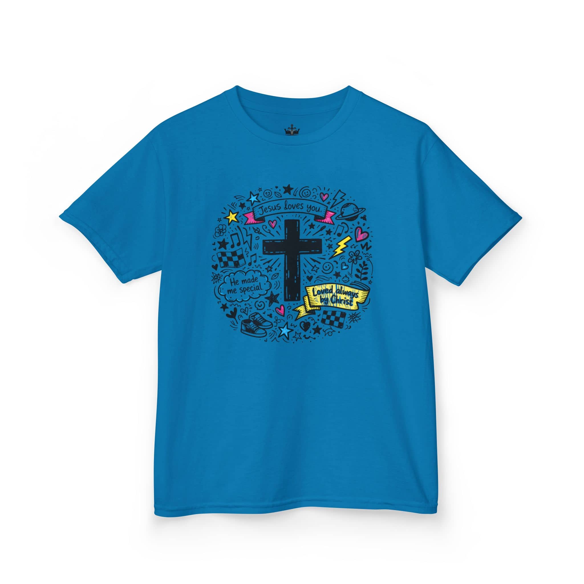 Kids Cross Doodle Christian tee shirt in blue featuring colorful scripture design on the front