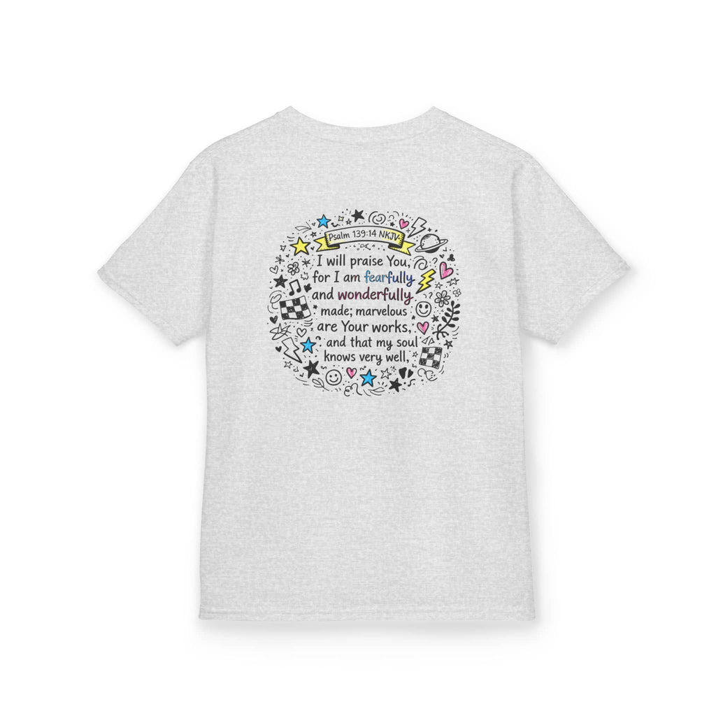 Kids cross doodle christian tee shirt with Psalm 139:14 on light gray fabric, back view