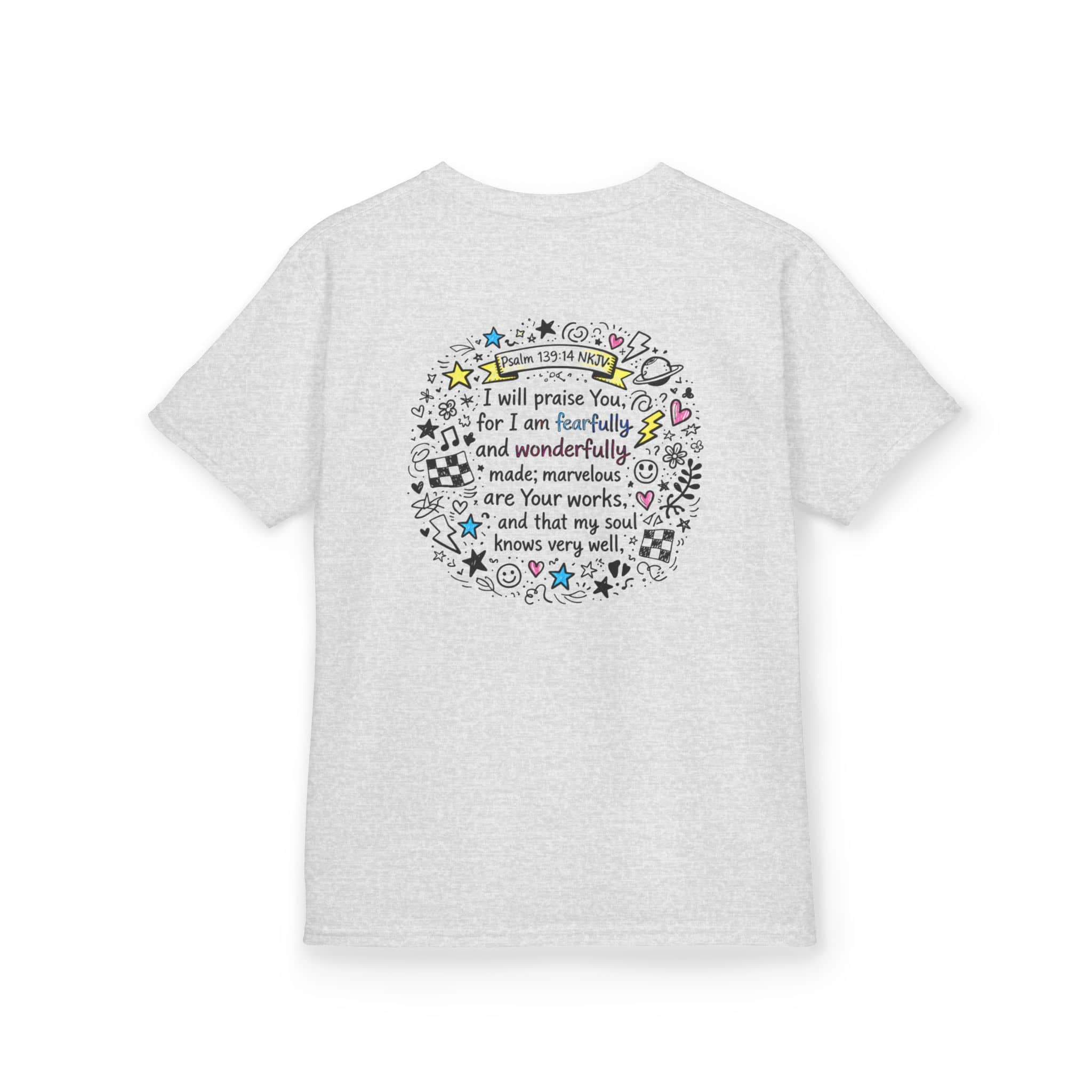 Kids cross doodle christian tee shirt with Psalm 139:14 on light gray fabric, back view