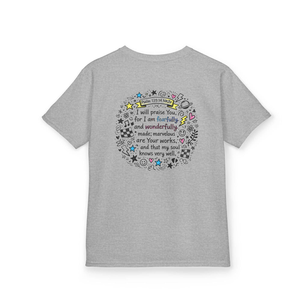 Kids cross doodle christian tee shirt with 'I will praise You' scripture on gray back view