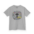 Kids Cross Doodle Christian Tee Shirt in Gray featuring Jesus loves me graphic on the front