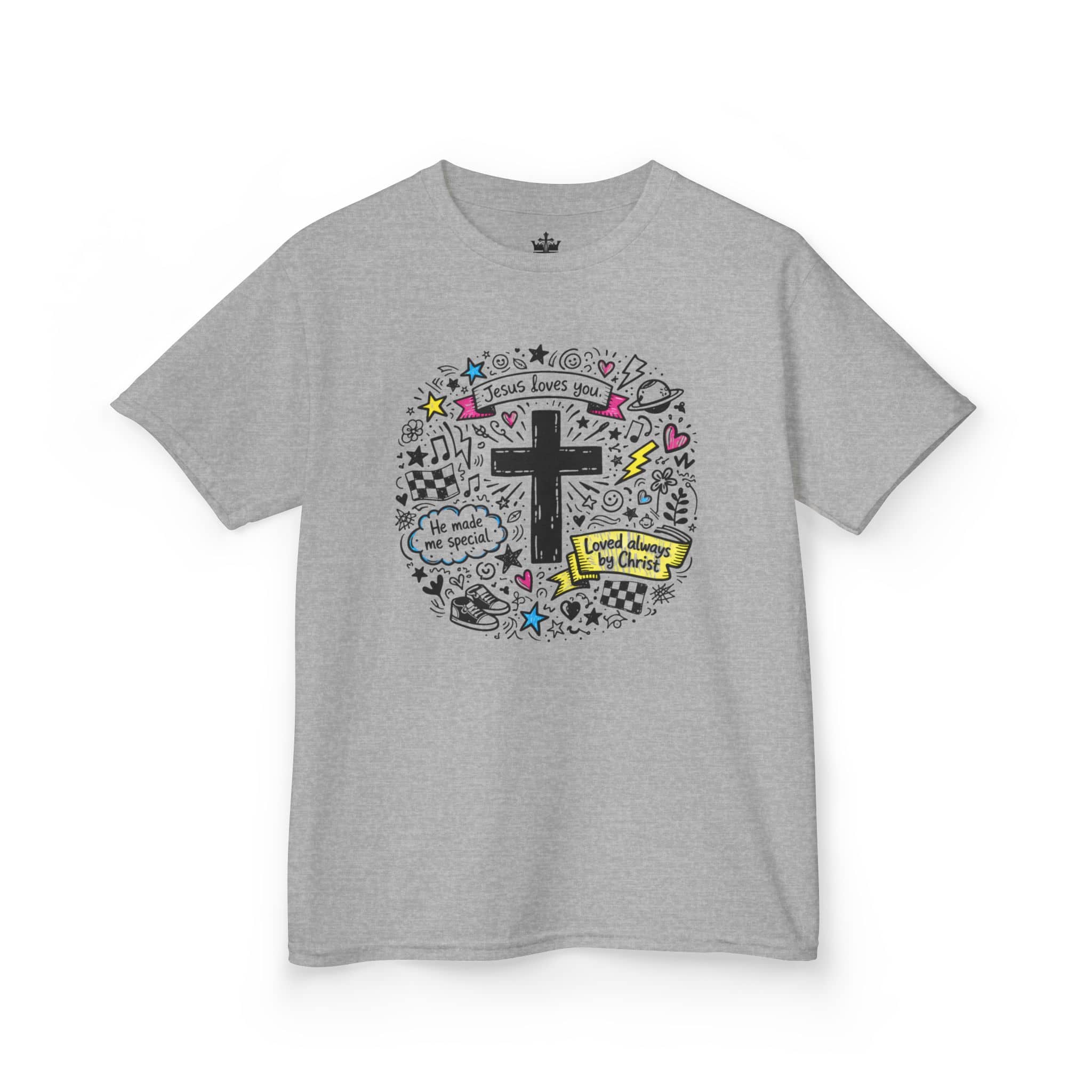 Kids Cross Doodle Christian Tee Shirt in Gray featuring Jesus loves me graphic on the front