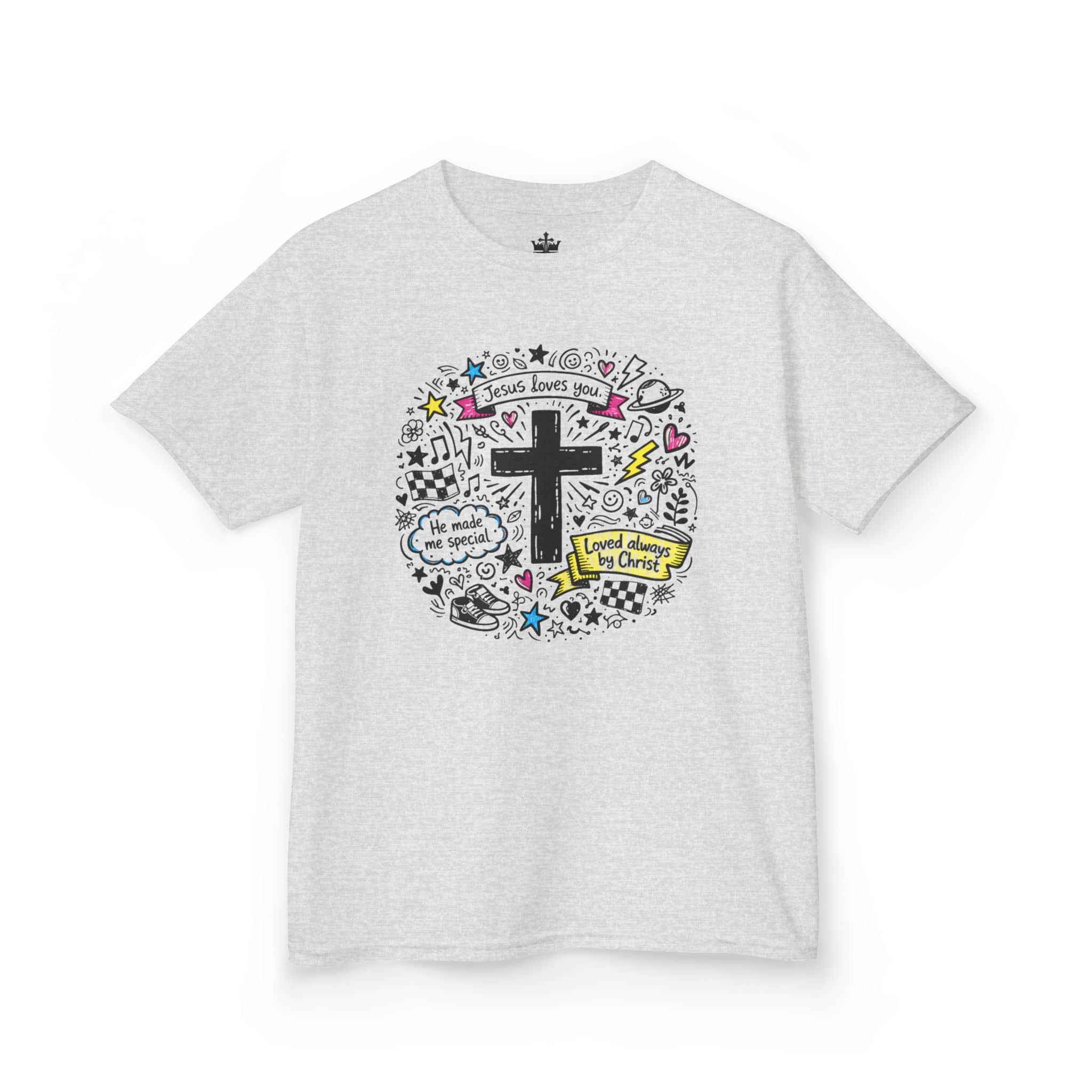Kids Cross Doodle Christian tee shirt with 'Jesus loves you' design in gray, front view.