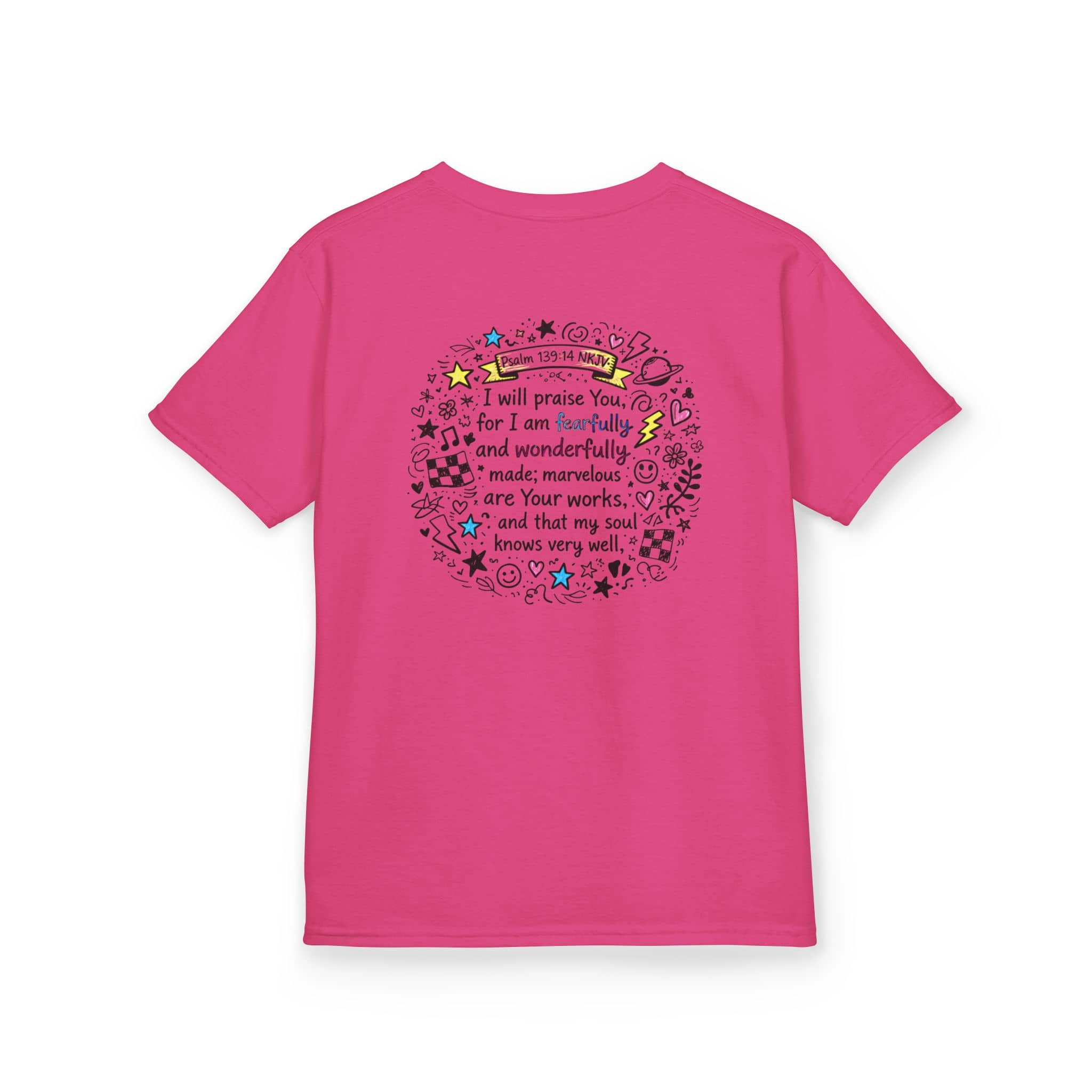Kids cross doodle christian tee shirt in pink featuring Psalm 139:14 on the back