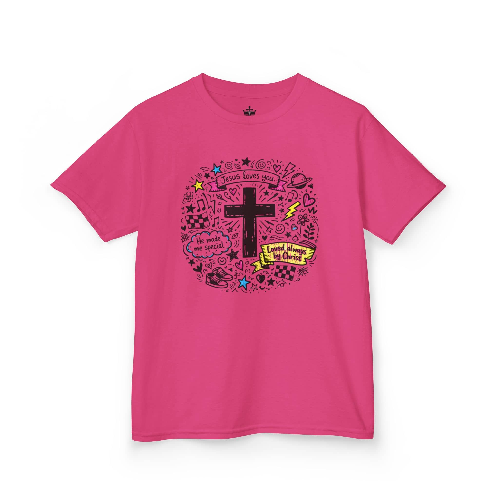 Kids cross doodle christian tee shirt in pink with colorful designs featuring scripture and a black cross, front view