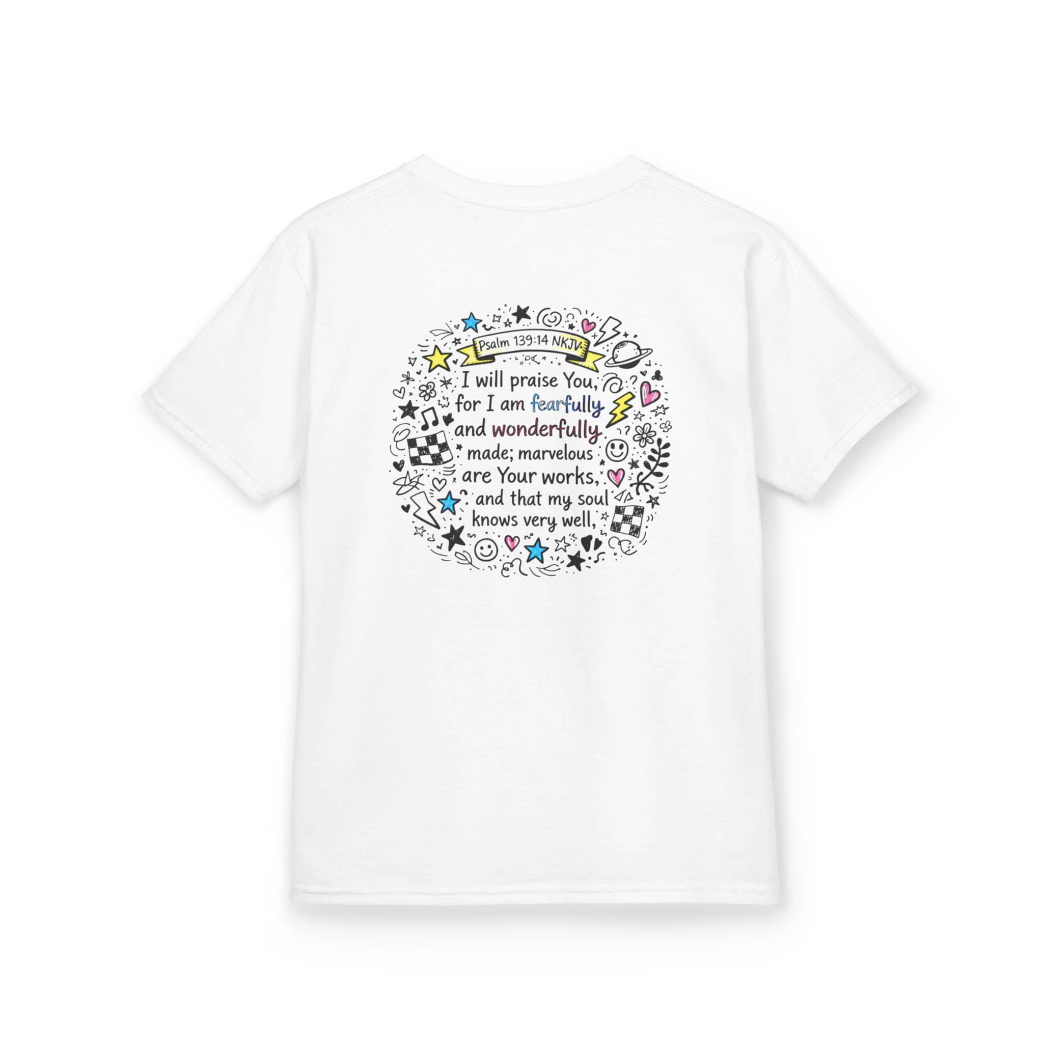 Kids Cross Doodle Christian tee shirt in white with Psalm 139:14 on the back