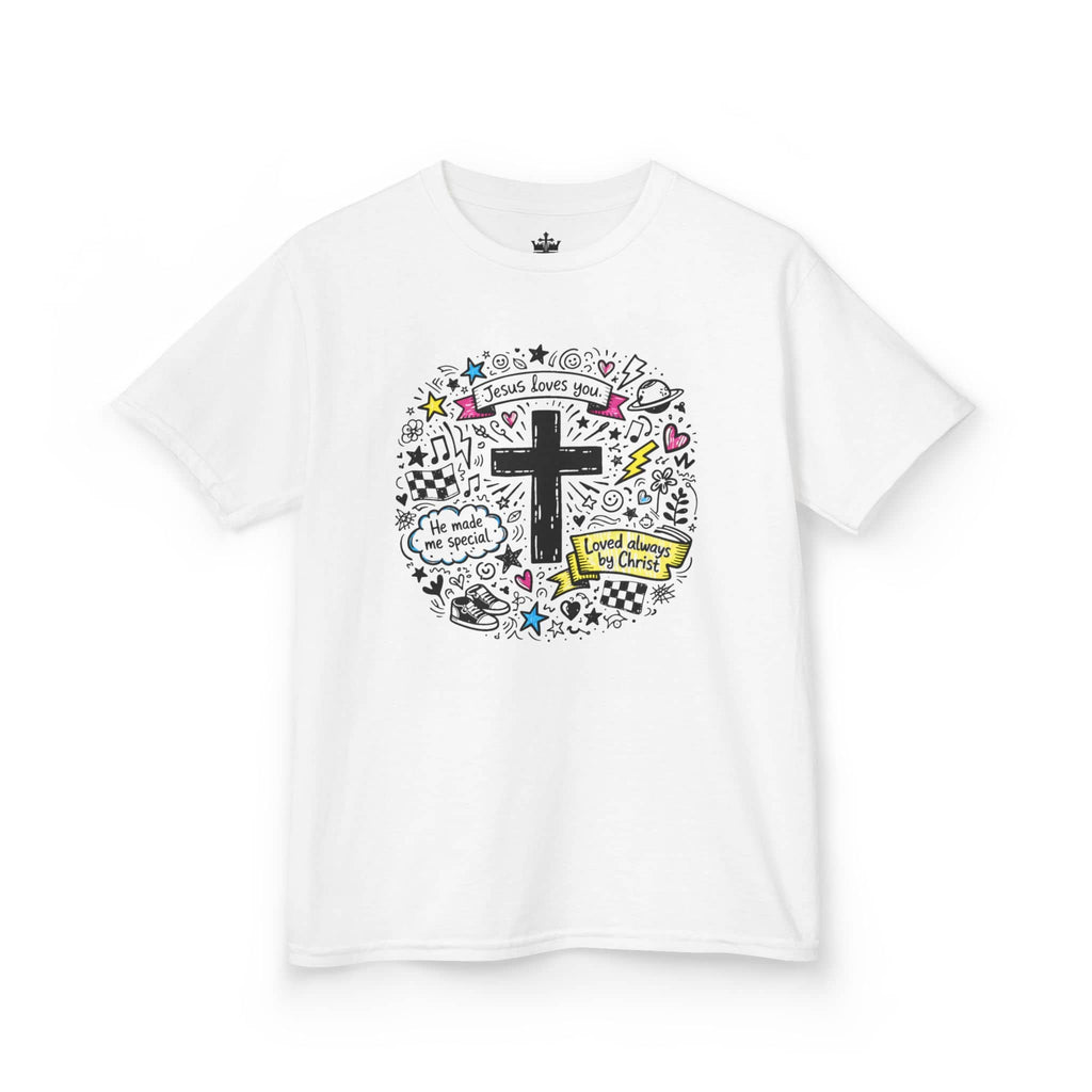 Kids white cross doodle christian tee shirt with Jesus loves you design, front view.