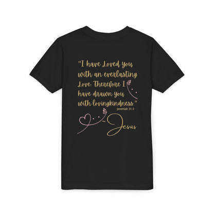Jesus Loves Me youth shirt black back view with gold and pink script Jeremiah 31 verse 3 heart design by Logos Co.