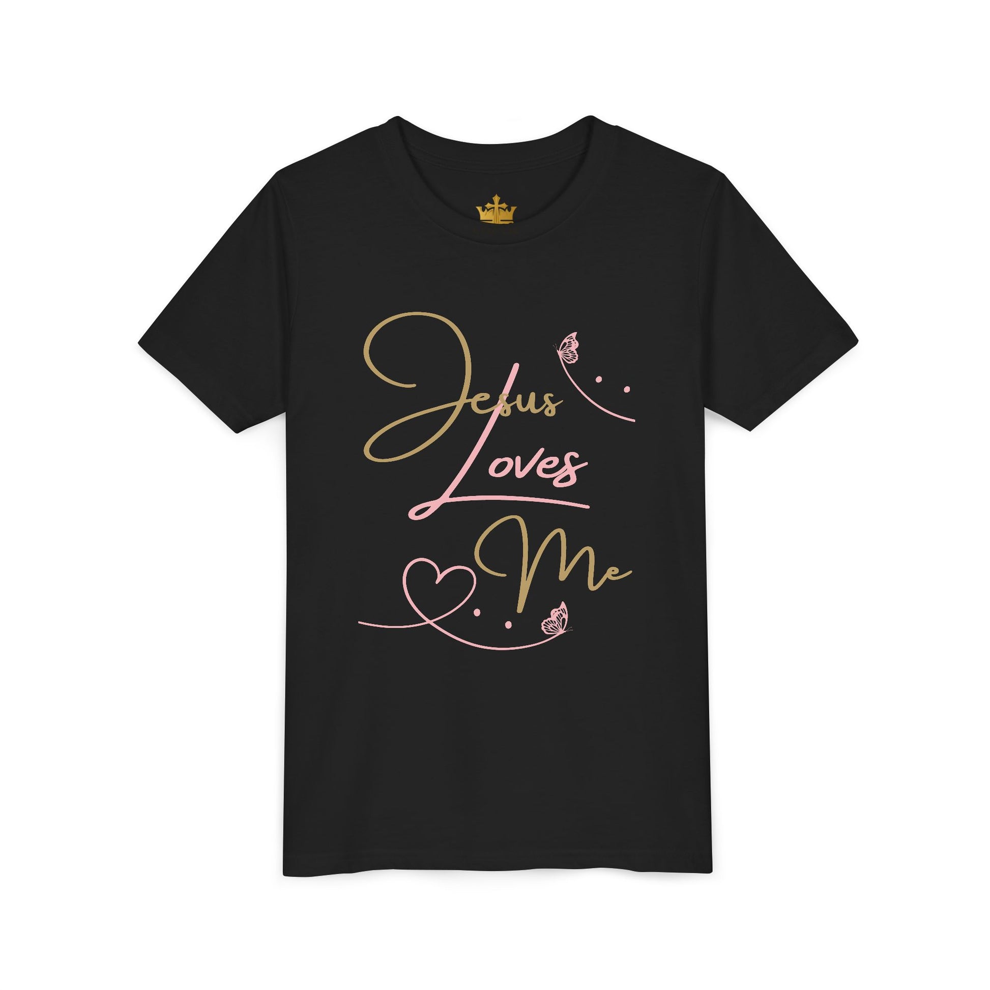 Black kids T shirt with gold and pink script Jesus Loves Me youth shirt design featuring heart and butterflies