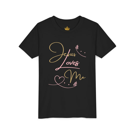 Black kids T shirt with gold and pink script Jesus Loves Me youth shirt design featuring heart and butterflies