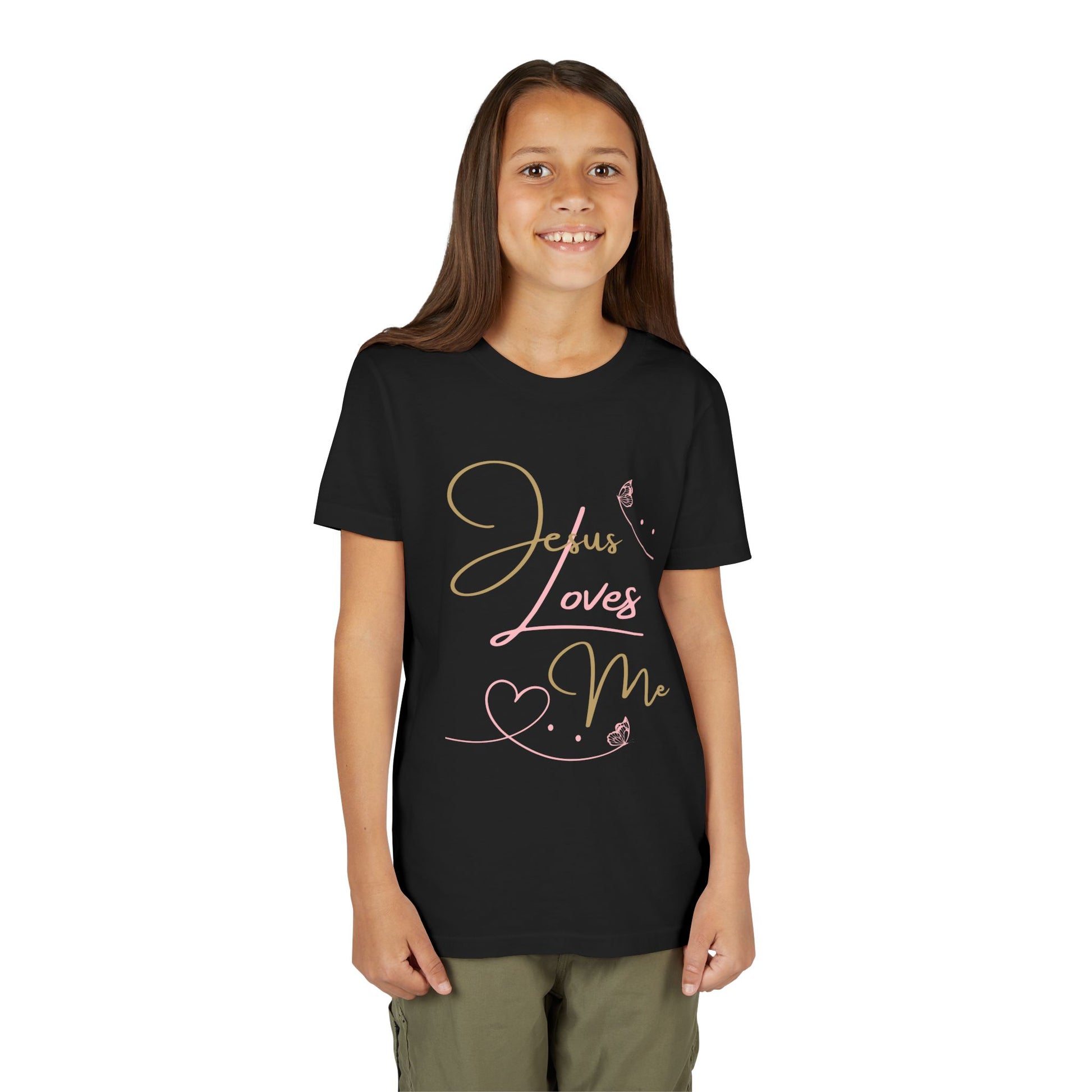 Logos Co. kids tee featuring Jesus Loves Me youth shirt design in gold and pink script with heart motif on black