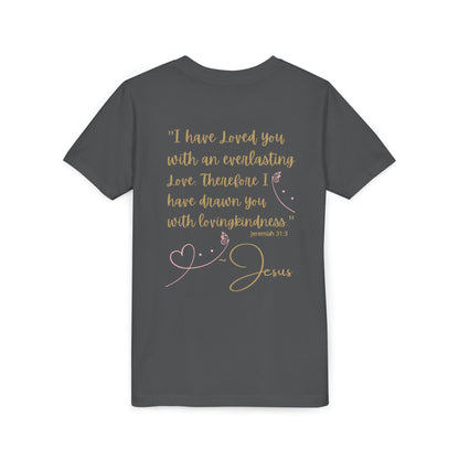 Logos Co. dark gray kids t shirt back featuring gold script Jeremiah 31:3 quote heart motif Jesus Loves Me youth shirt