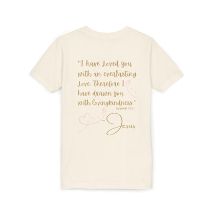 logos Co. cream youth tee with back scripture design Jeremiah 31:3 in gold script and pink hearts Jesus Loves Me youth shirt