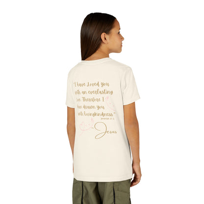 Girl modeling cream Jesus Loves Me youth shirt back print with scripture hearts and soft script design
