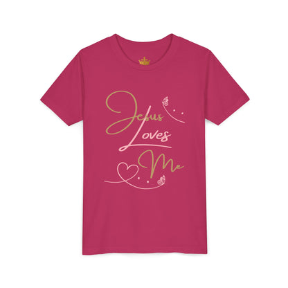 Magenta Logos Co. Jesus Loves Me youth shirt with gold script and heart design for kids church wear