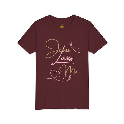 Logos Co. maroon youth T shirt with pink and gold script Jesus Loves Me youth shirt heart and butterfly design