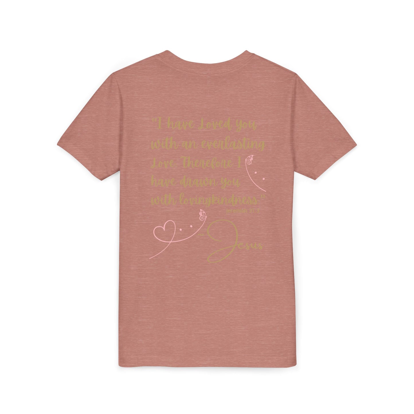 Logos Co. kids dusty rose tee with back scripture hearts and gold script Jesus Loves Me youth shirt for church wear