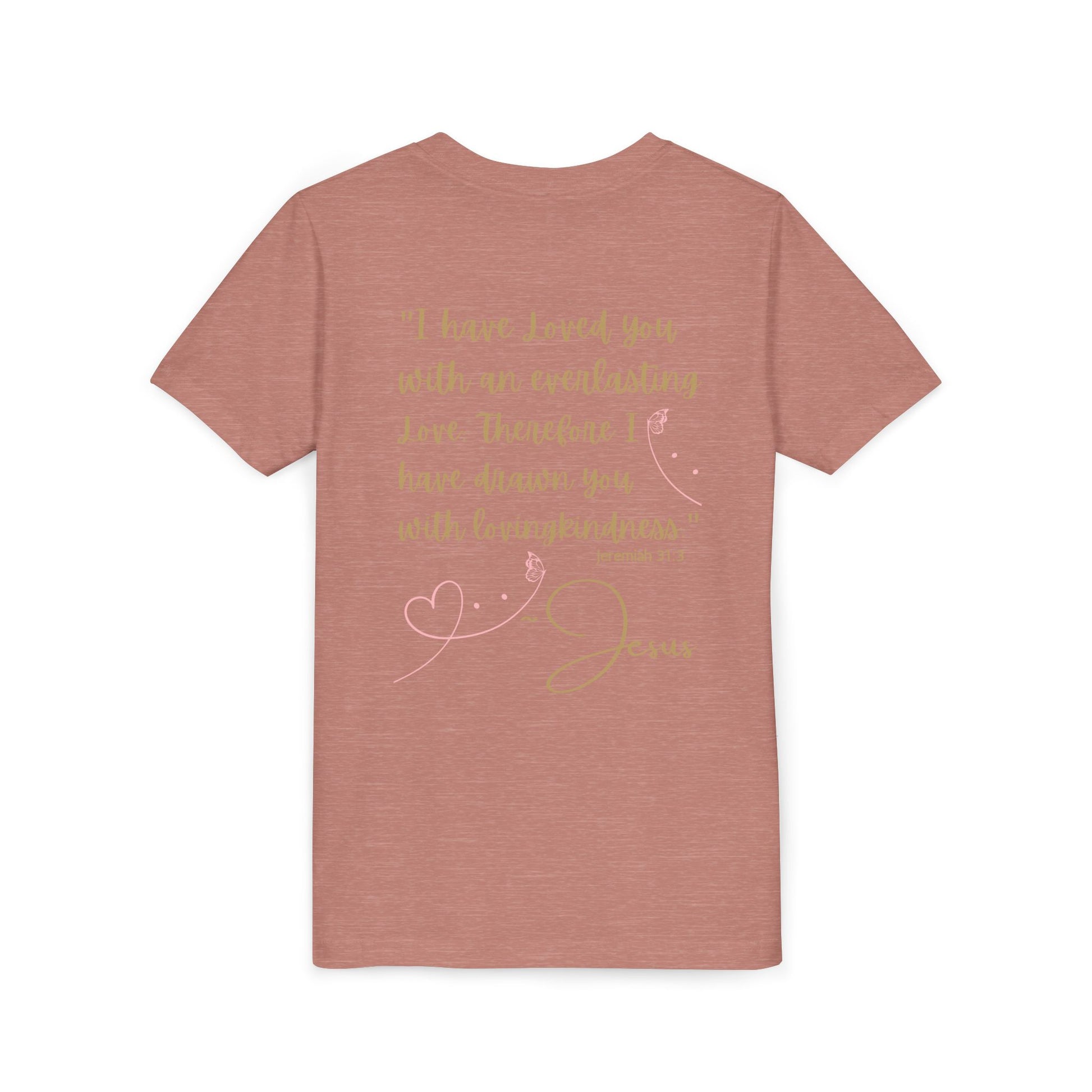 Logos Co. kids dusty rose tee with back scripture hearts and gold script Jesus Loves Me youth shirt for church wear