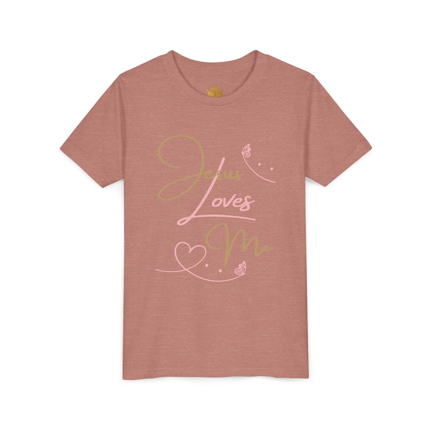 Jesus Loves Me youth shirt dusty rose short sleeve tee with script lettering heart