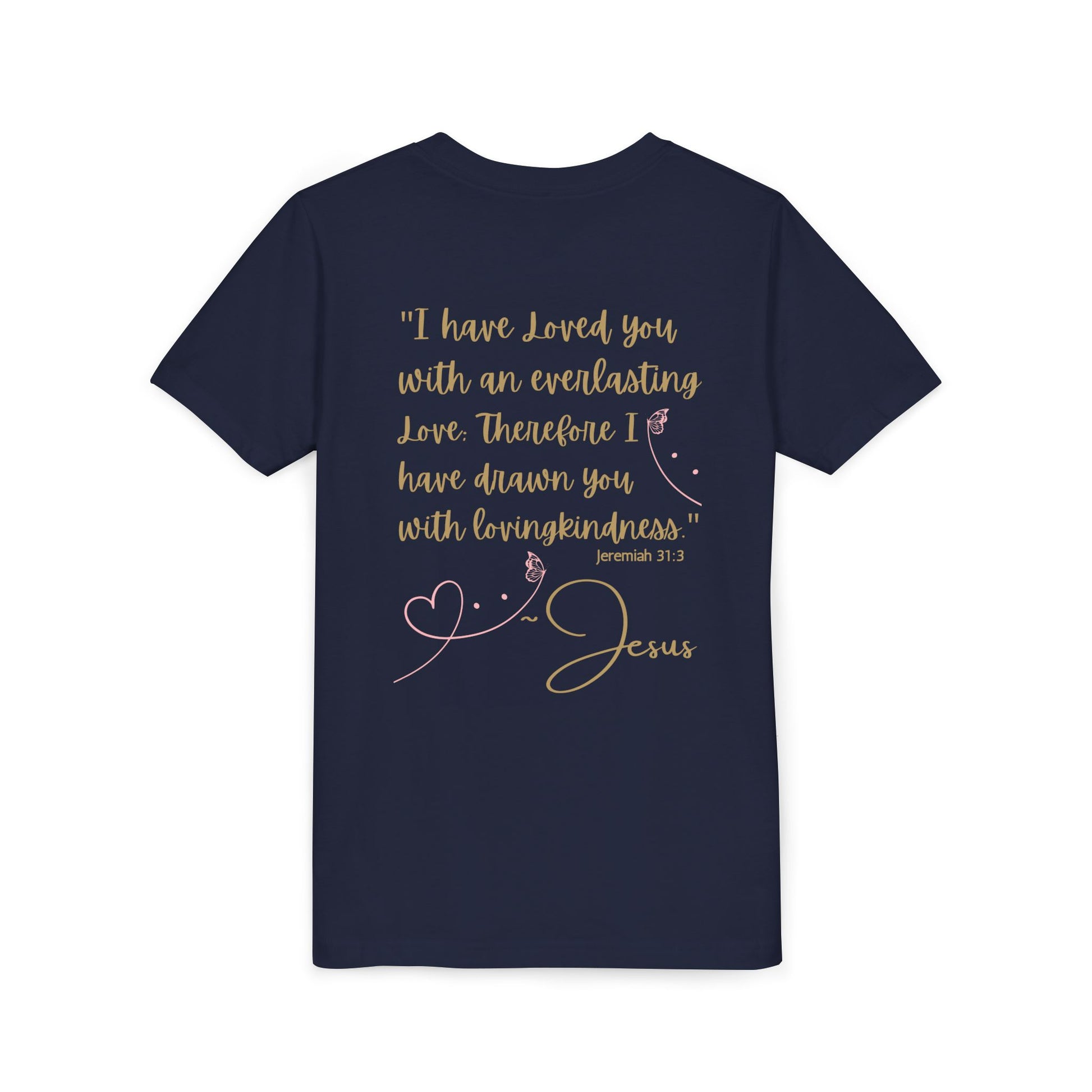 Logos Co. navy youth tshirt back view with gold script Jeremiah 31 verse 3 quote and heart graphic Jesus Loves Me youth shirt