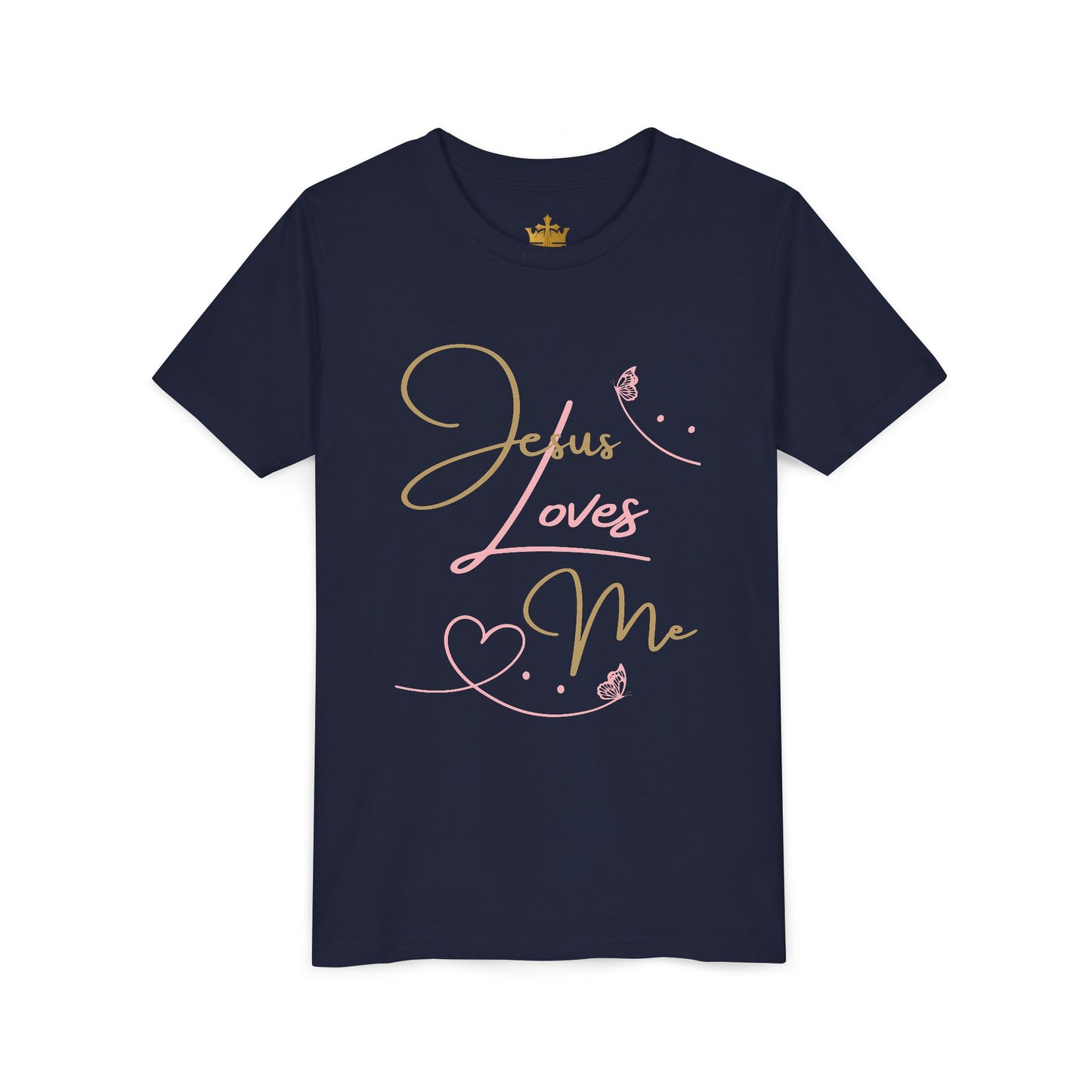 Logos Co. navy kids t shirt with pink and gold script Jesus Loves Me youth shirt design heart and butterflies
