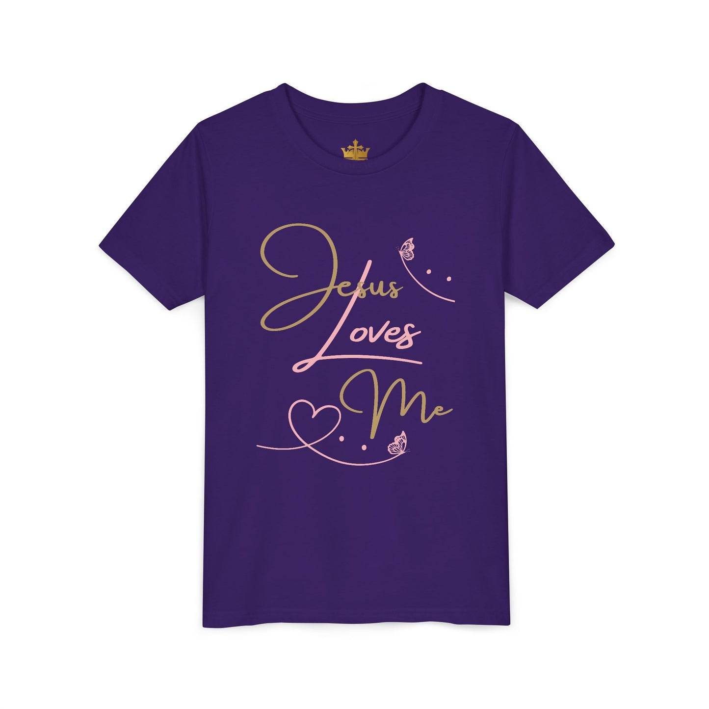 Logos Co. purple short sleeve tee with gold and pink script heart and butterfly design Jesus Loves Me youth shirt for kids