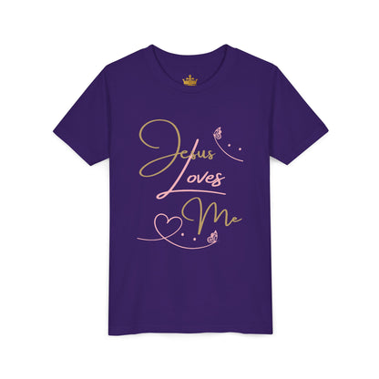 Logos Co. purple short sleeve tee with gold and pink script heart and butterfly design Jesus Loves Me youth shirt for kids