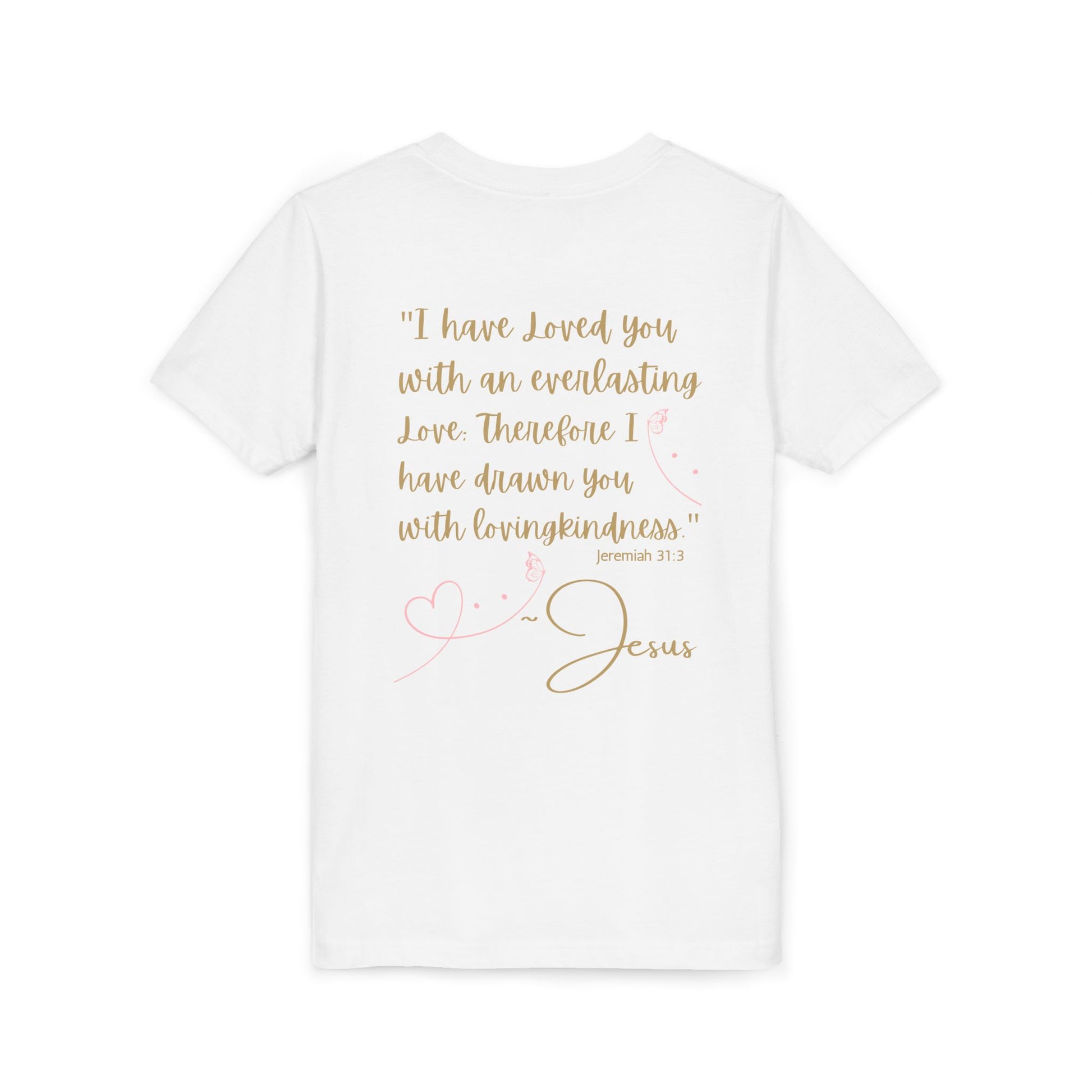 Logos Co. white youth tee back view with gold script Jeremiah 31 verse 3 and pink heart artwork Jesus Loves Me youth shirt