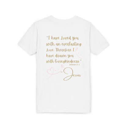 Logos Co. white youth tee back view with gold script Jeremiah 31 verse 3 and pink heart artwork Jesus Loves Me youth shirt