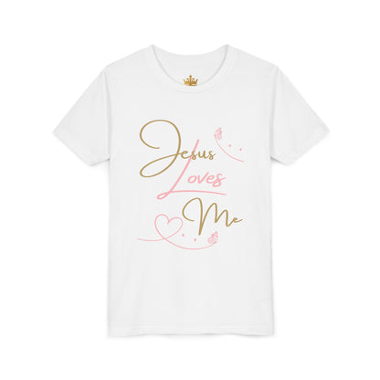 Jesus Loves Me youth shirt white youth tee with gold and pink script design heart and butterfly accents by Logos Co.