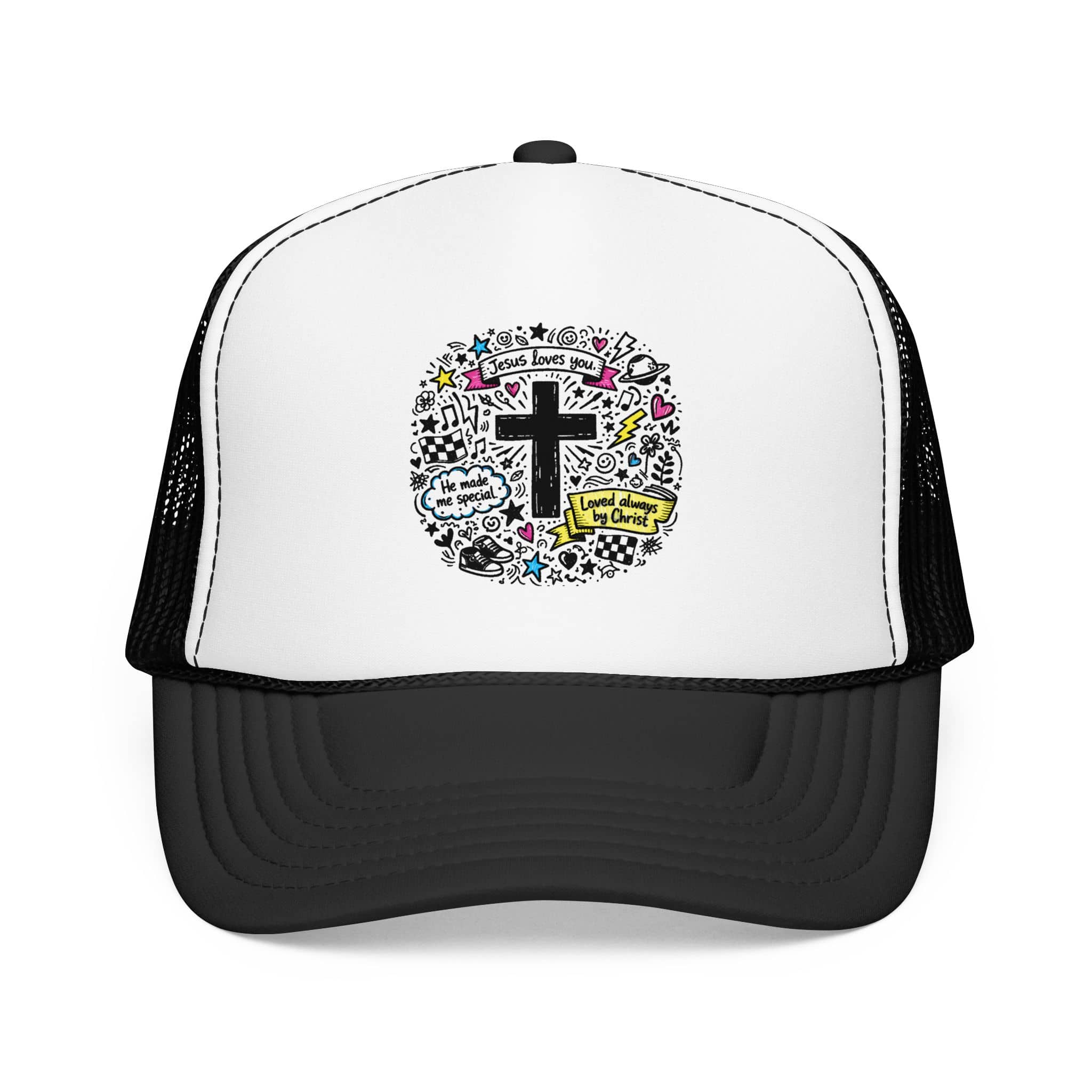Doodle Cross Trucker Hat featuring colorful scripture design on a white front and black mesh back