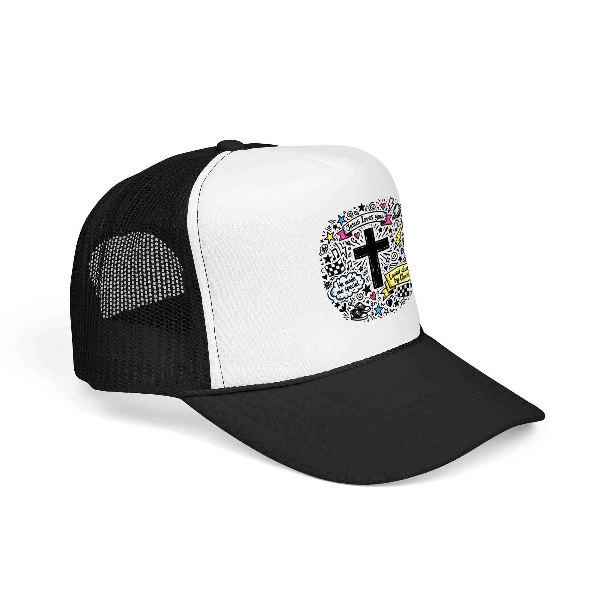 Doodle Cross Trucker Hat with colorful faith-inspired design in white and black side view