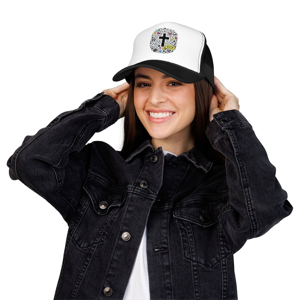Doodle Cross Trucker Hat with a colorful scripture design in black and white, front view worn by a model