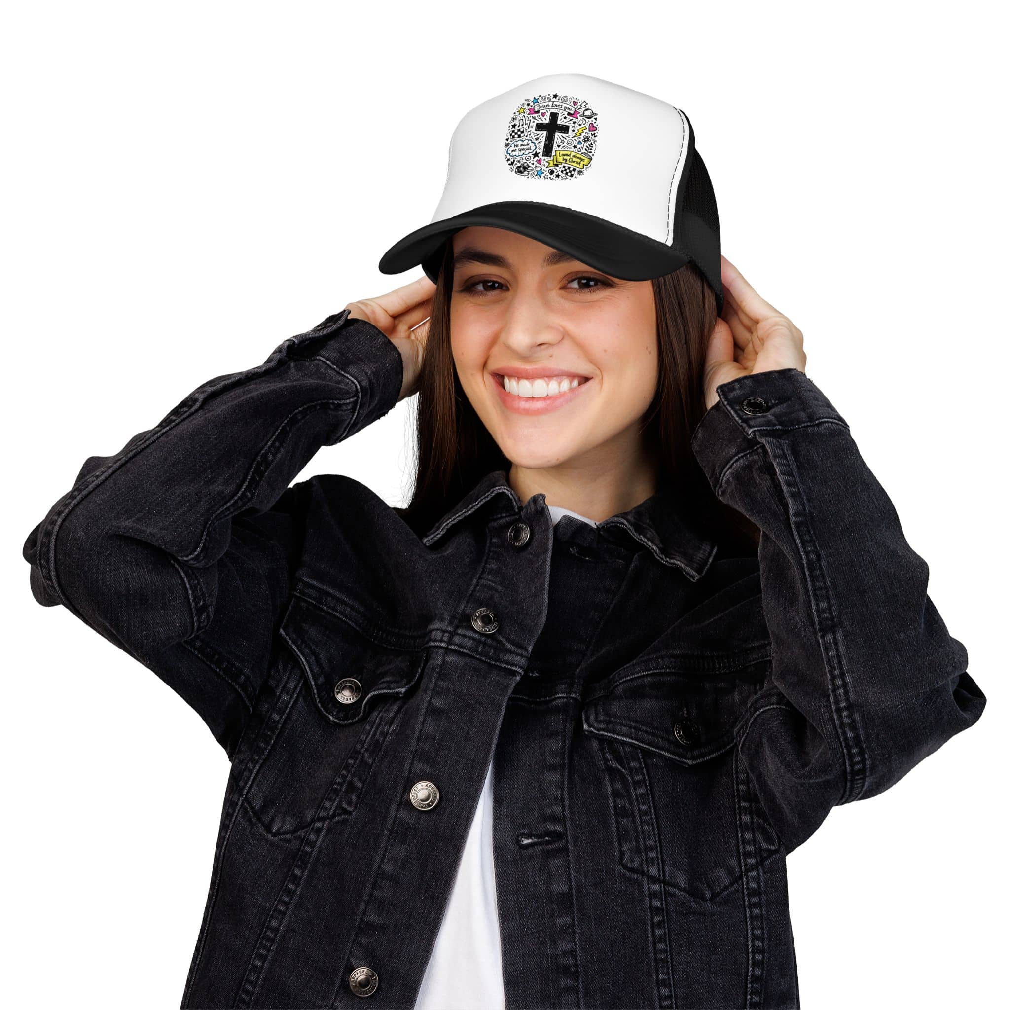 Doodle Cross Trucker Hat with a colorful scripture design in black and white, front view worn by a model
