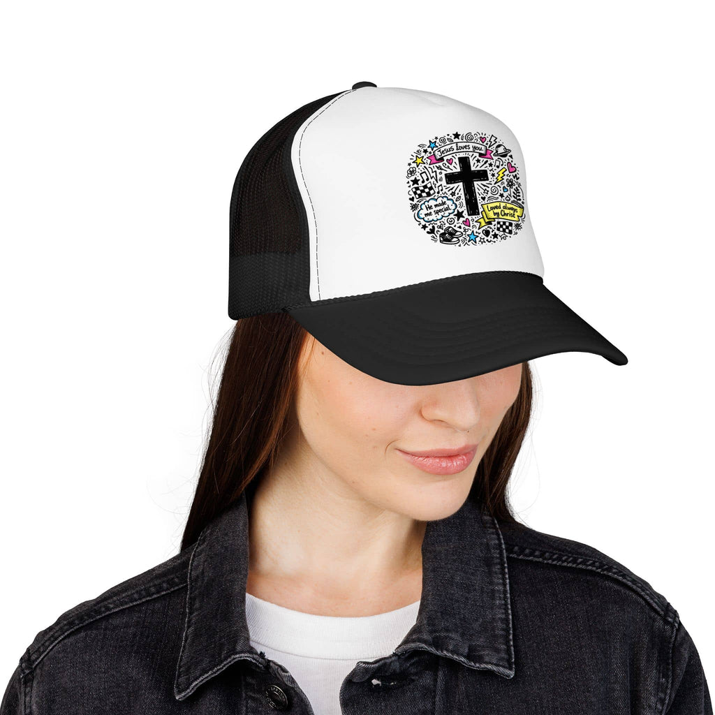 Doodle Cross Trucker Hat with colorful designs on front, perfect for casual wear