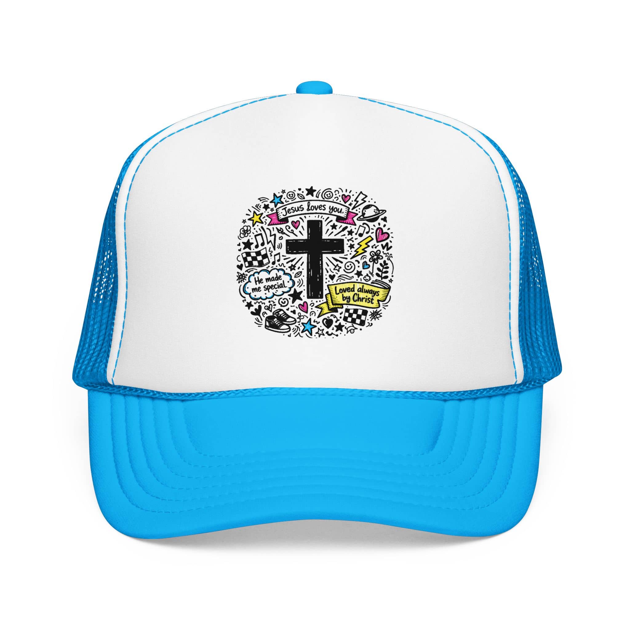 Doodle Cross Trucker Hat with colorful scripture design in white and blue, front view