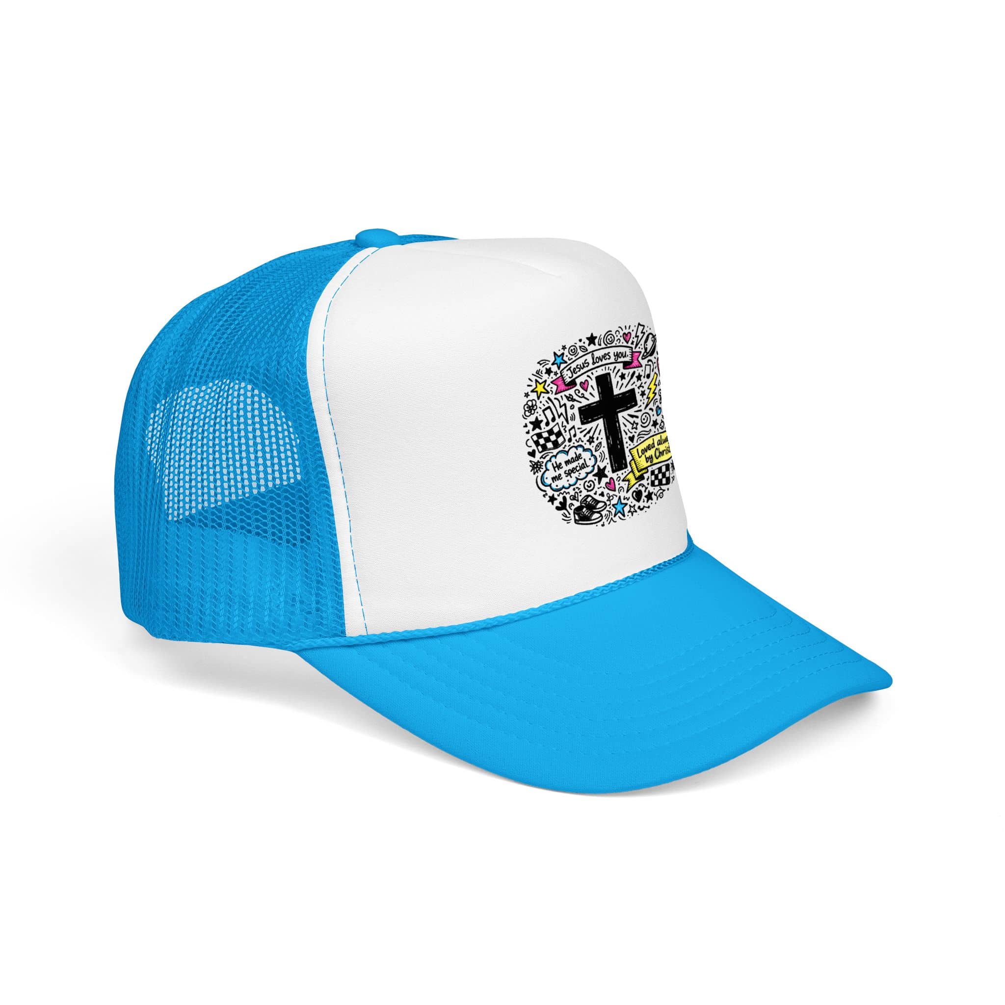 Trucker hat with Doodle Cross design in white and blue, featuring a colorful scripture on the front view