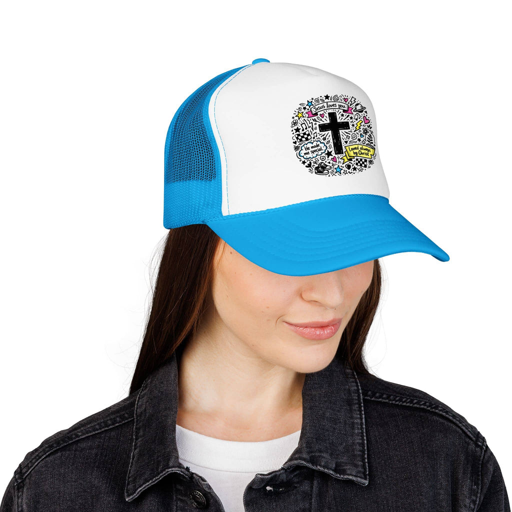 Doodle Cross Trucker Hat with colorful scripture design in blue and white front view