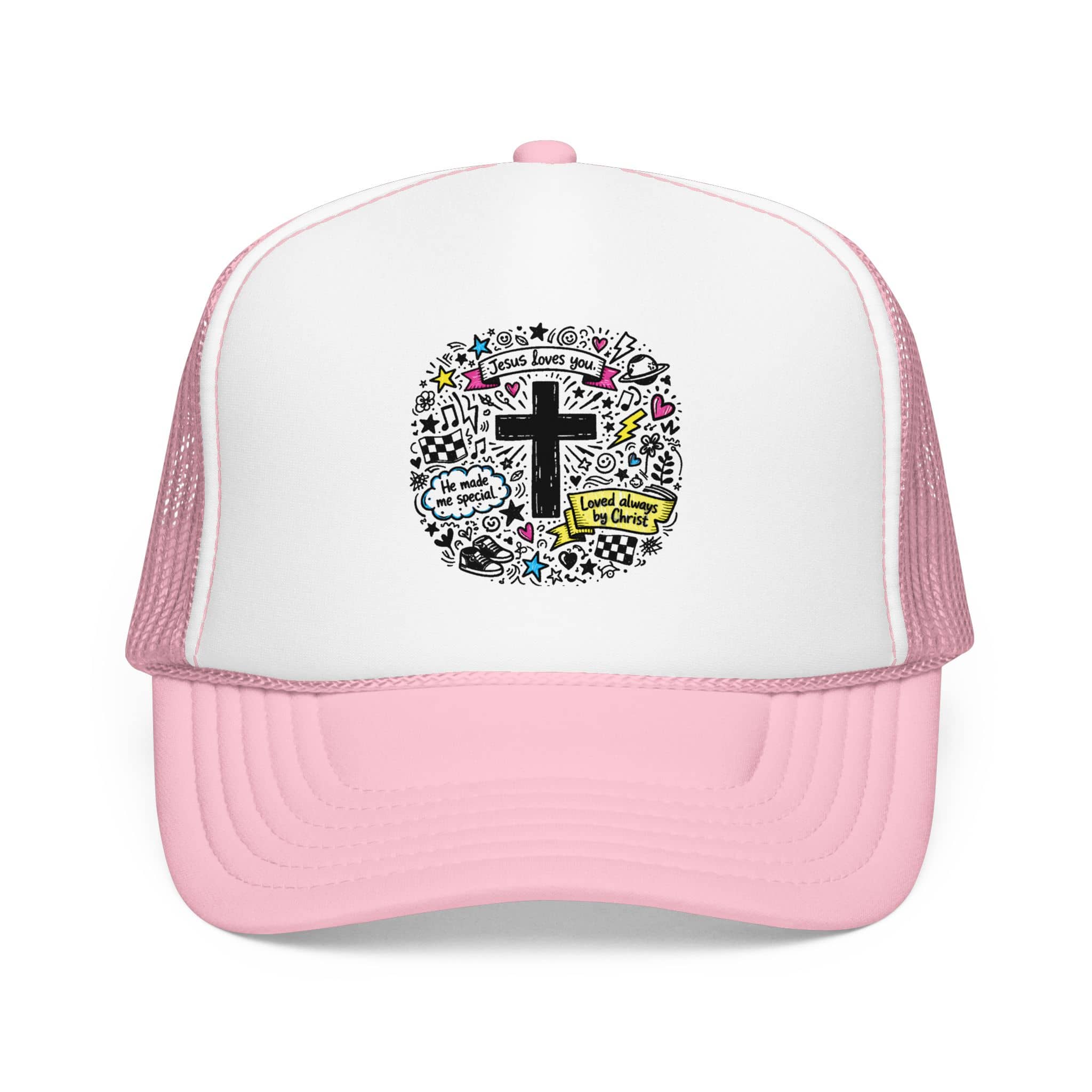 Doodle Cross Trucker Hat with scripture 'God loves you' in pink and white, front view