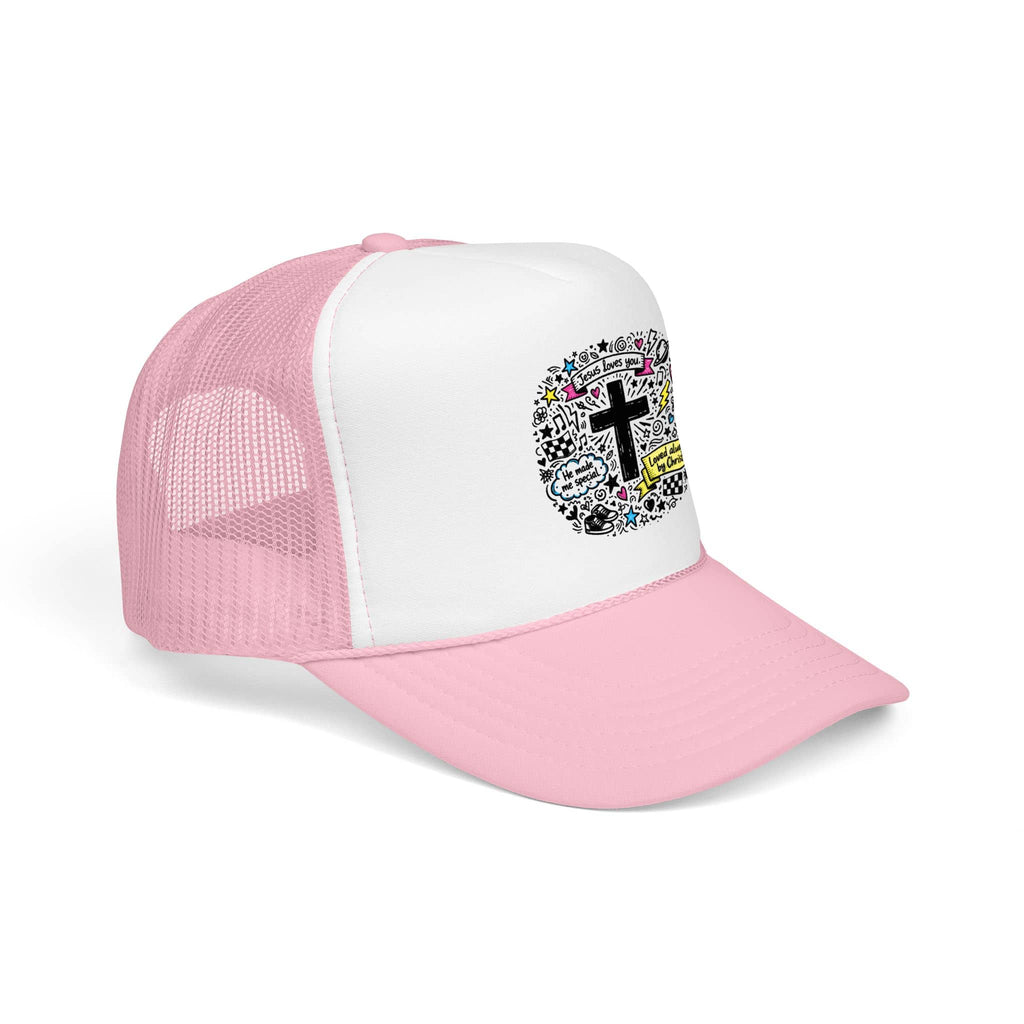 Doodle Cross Trucker Hat with colorful graphic design, pink mesh back and white front view