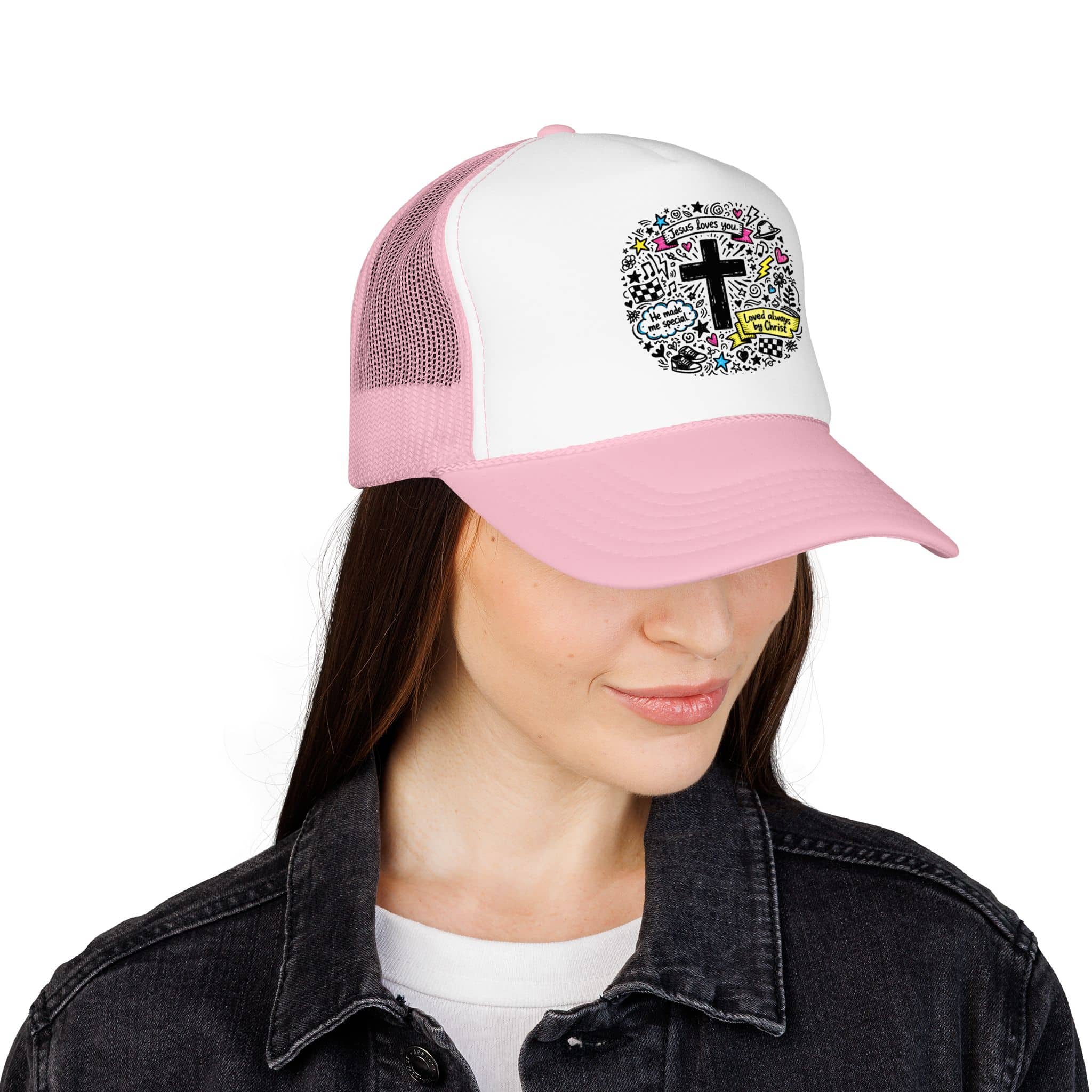 Doodle Cross Trucker Hat featuring a colorful design with a cross on a white front and pink brim, front view.