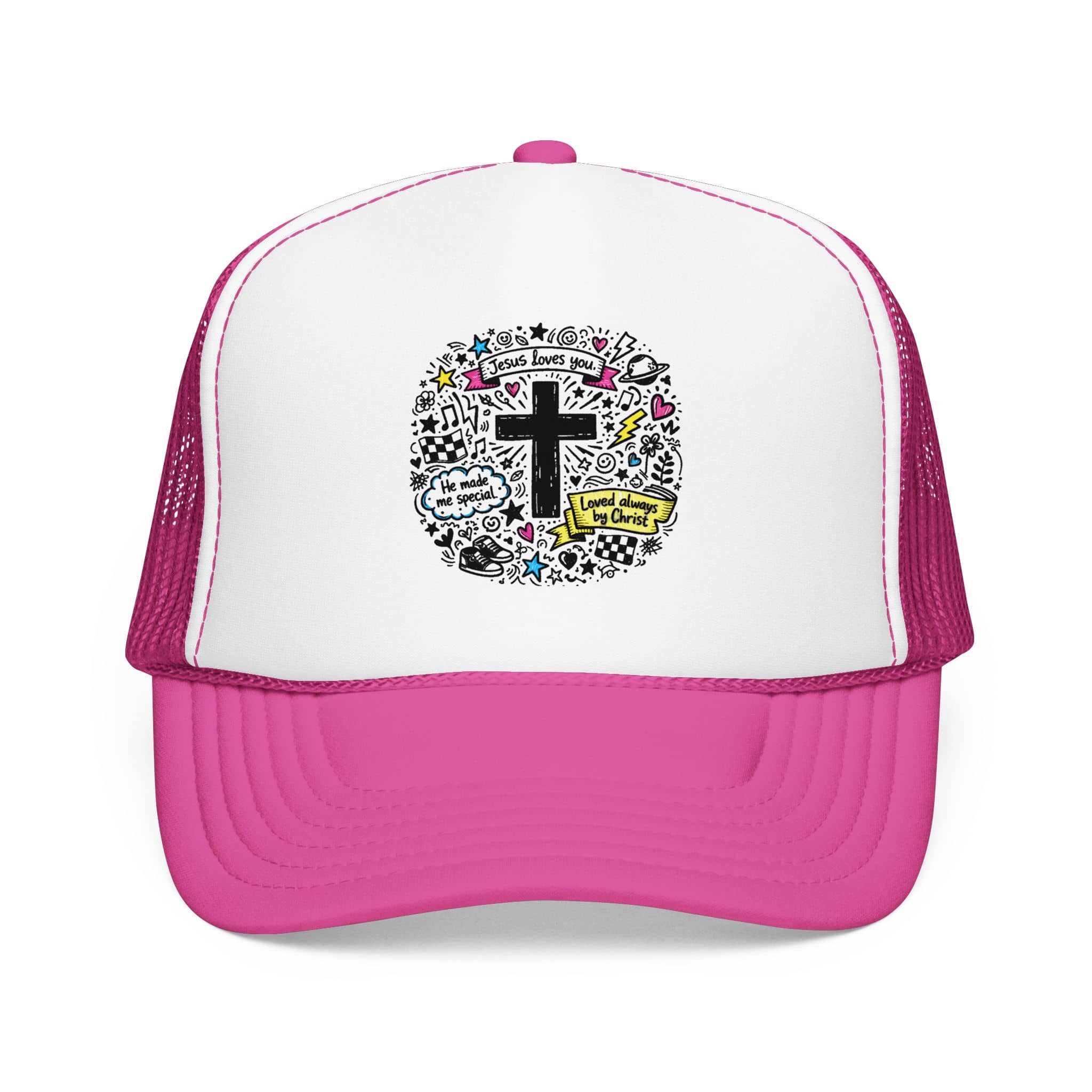 Doodle Cross Trucker Hat with 'God Loves You' Design in Pink and White, Front View