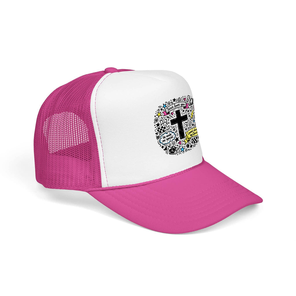 Doodle Cross Trucker Hat featuring vibrant doodles on a white front and pink mesh back view