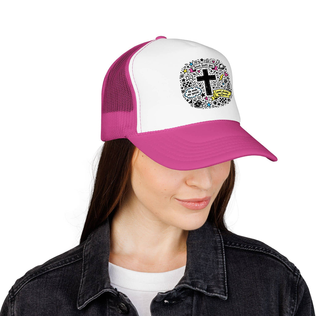 Doodle Cross Trucker Hat with colorful religious graphics in front view and pink accents