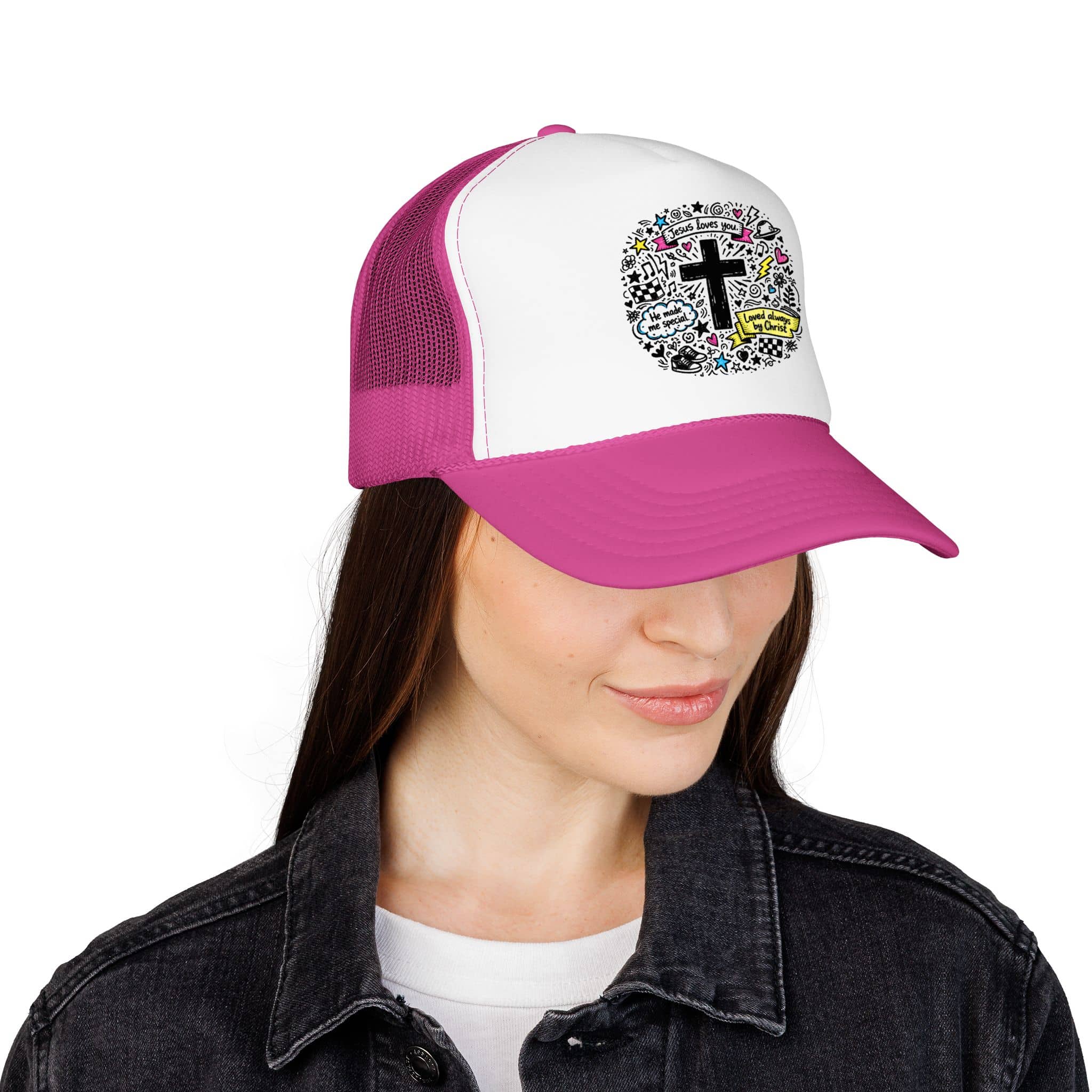 Doodle Cross Trucker Hat with colorful religious graphics in front view and pink accents